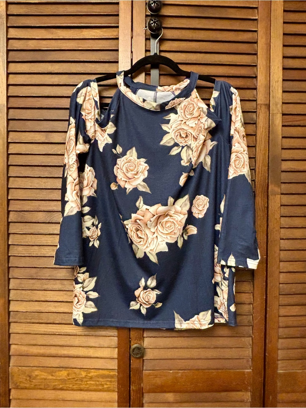 Navy Floral Cold-Shoulder Top with Peach/Blush Rose Print